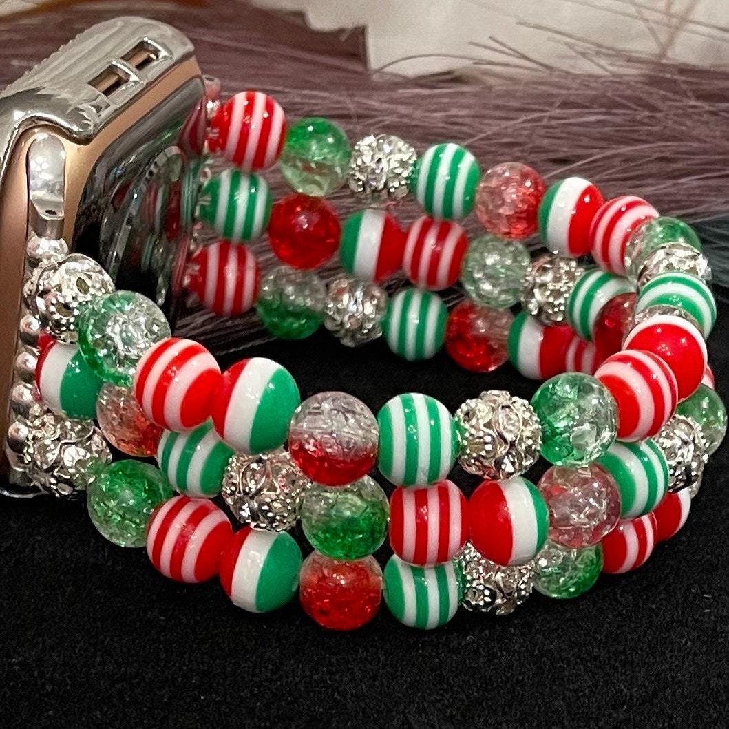 Christmas Watch Band Compatible with Apple Watch Made with Acrylic and Rhinestone Beads (Available in Silver or Gold). Custom Sizing!
