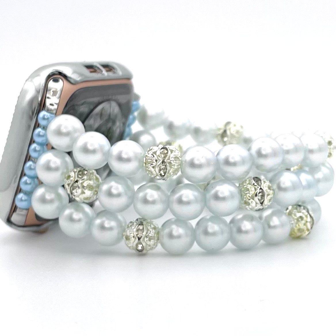 Custom Sized Very Light Powder Blue Watch Band Compatible with Apple Watch with Imitation Pearls and Rhinestone Beads