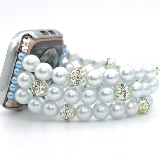 Custom Sized Very Light Powder Blue Watch Band Compatible with Apple Watch with Imitation Pearls and Rhinestone Beads