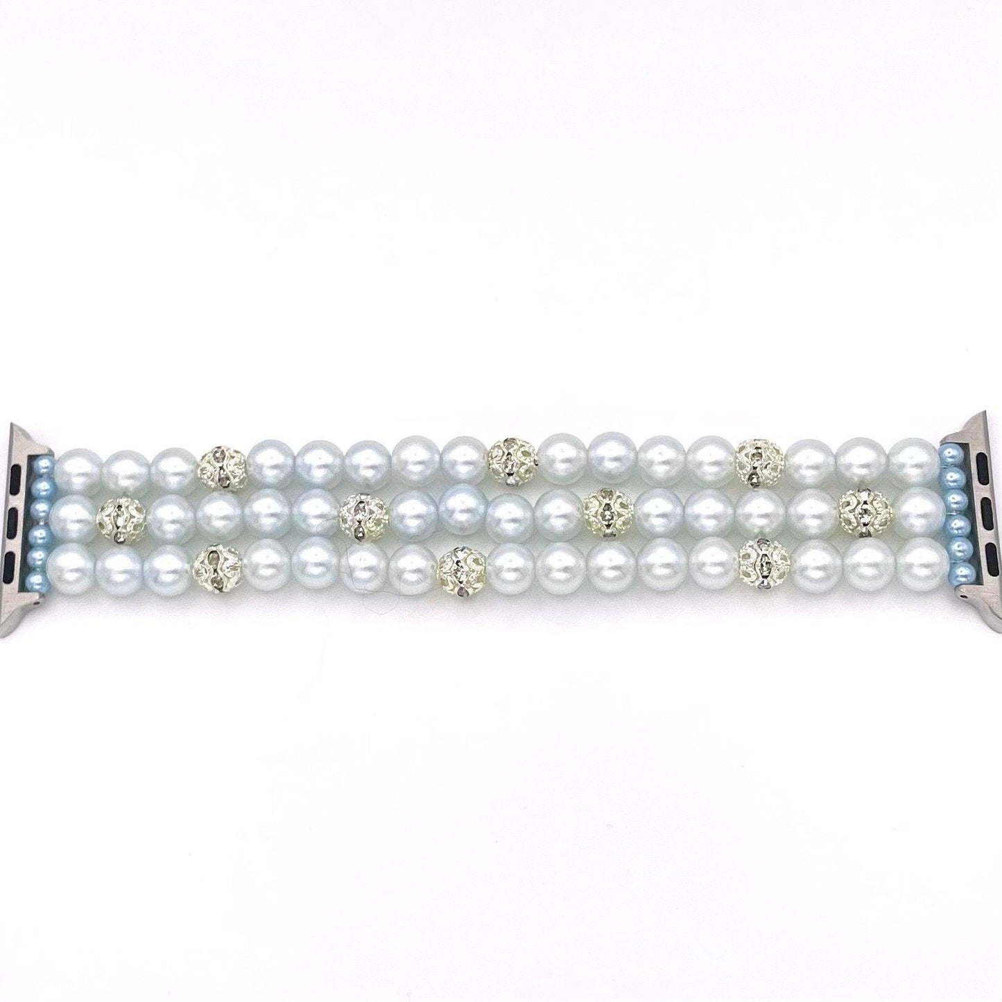 Custom Sized Very Light Powder Blue Watch Band Compatible with Apple Watch with Imitation Pearls and Rhinestone Beads