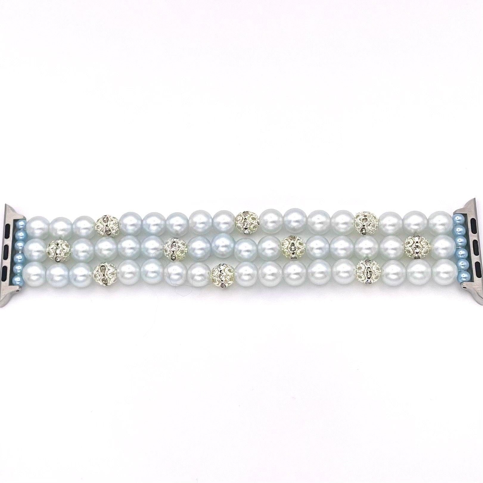 Custom Sized Very Light Powder Blue Watch Band Compatible with Apple Watch with Imitation Pearls and Rhinestone Beads