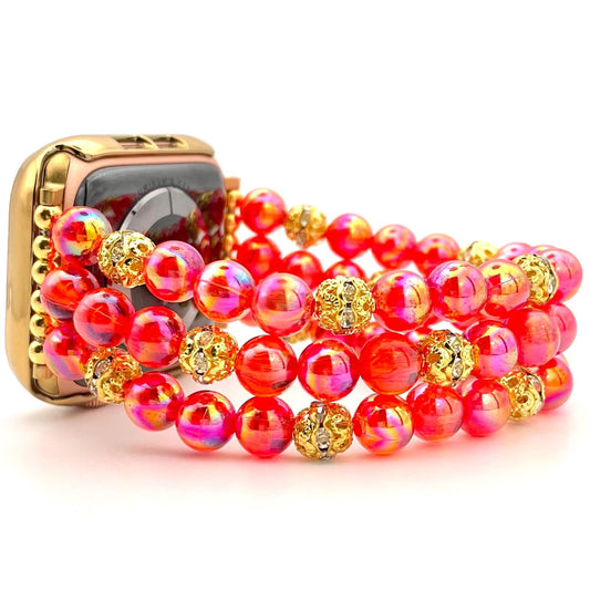 Custom Handmade Red and Gold Watch Beaded Band Compatible with Apple Watch with Acrylic Burst and Rhinestone Beads