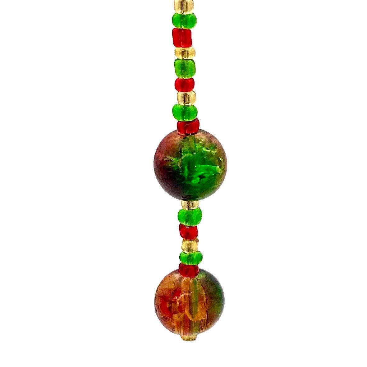 Festive Christmas Earrings, Red & Green Glass Beaded Dangles, Holiday Jewelry, Gold Finished Stainless Steel Wires
