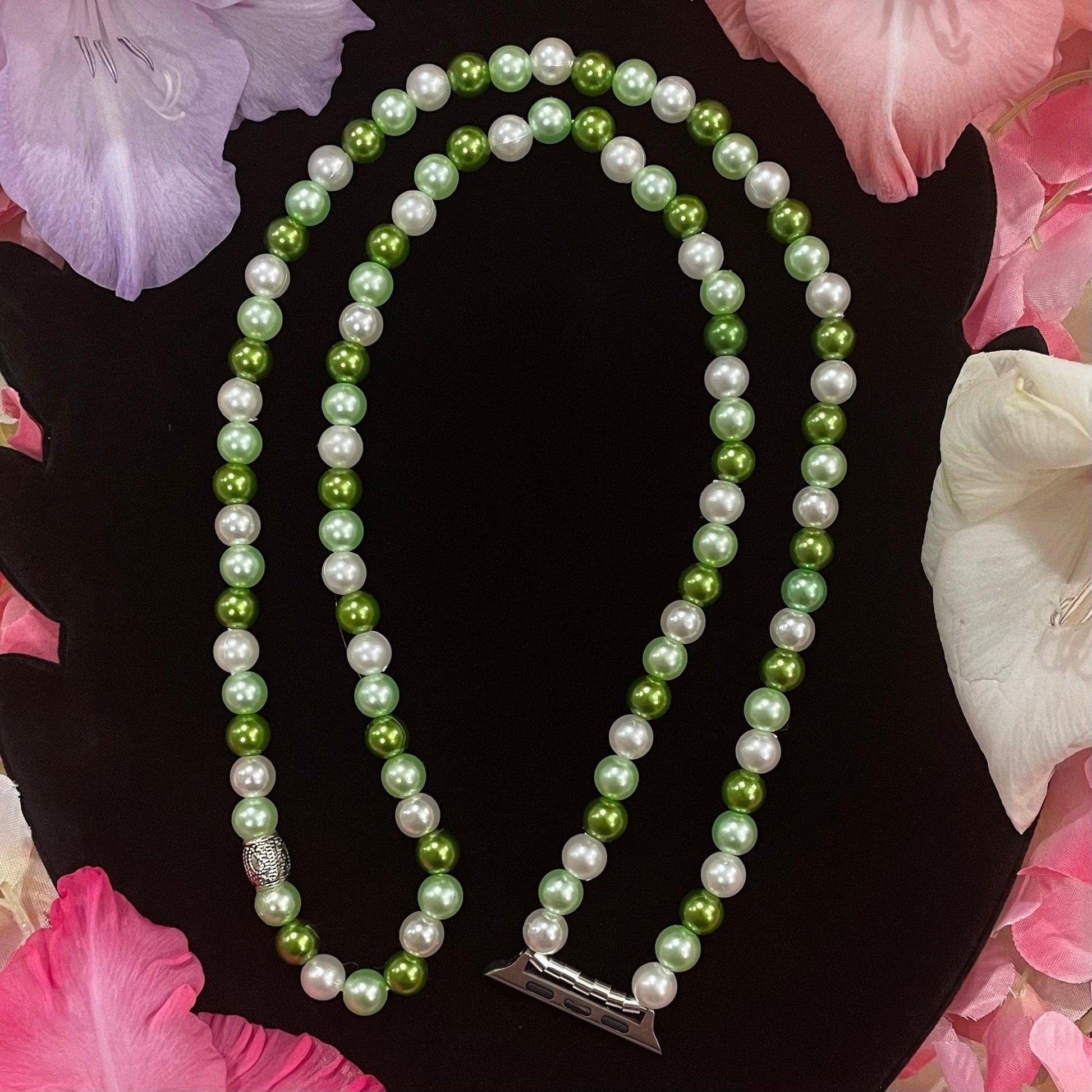 Green Watch Necklace Pendant Compatible With Apple Watch Made With Imitation Pearls