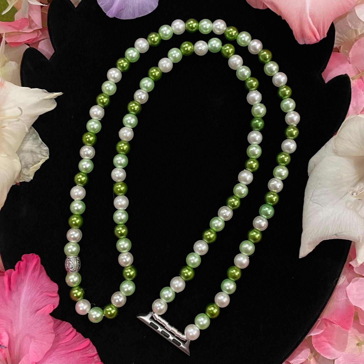 Green Watch Necklace Pendant Compatible With Apple Watch Made With Imitation Pearls