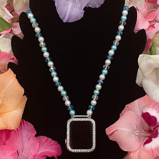 Blue Watch Necklace Pendant Compatible With Apple Watch Made With Imitation Pearls and Acrylic Beads