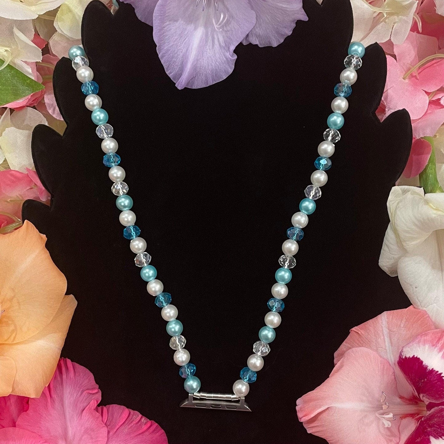 Blue Watch Necklace Pendant Compatible With Apple Watch Made With Imitation Pearls and Acrylic Beads