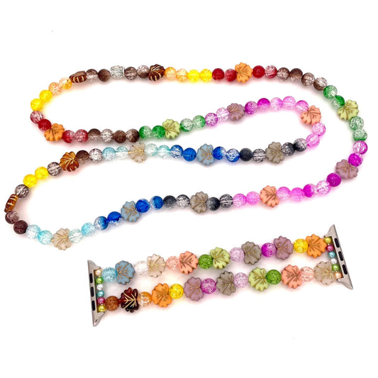 Matching Nature Rainbow Leaf Necklace and Watch Band with Rhinestones Compatible with Apple Watch Made With Acrylic Beads