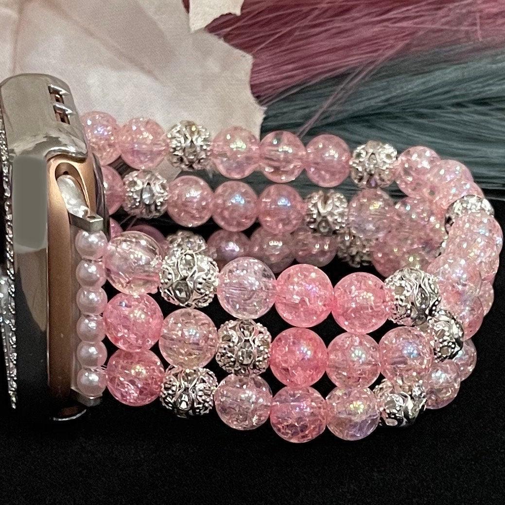 Matching Pink Crackle Necklace and Watch Band with Rhinestones Compatible with Apple Watch
