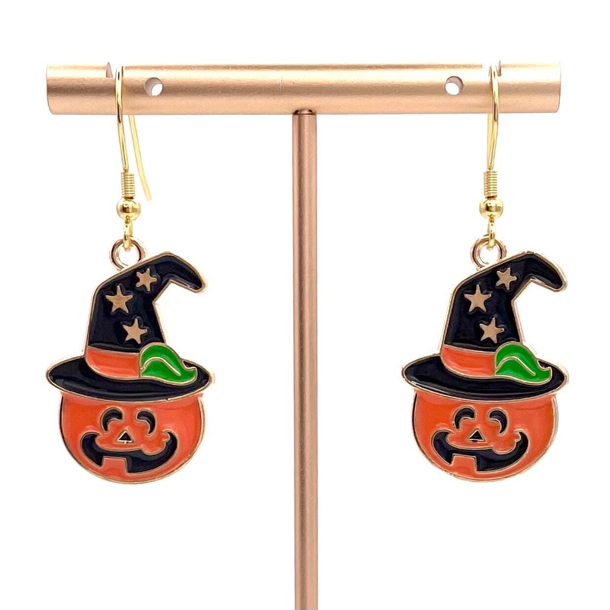 Witchy Pumpkin Halloween Earrings Made with Gold Finished Stainless Steel Earring Hooks