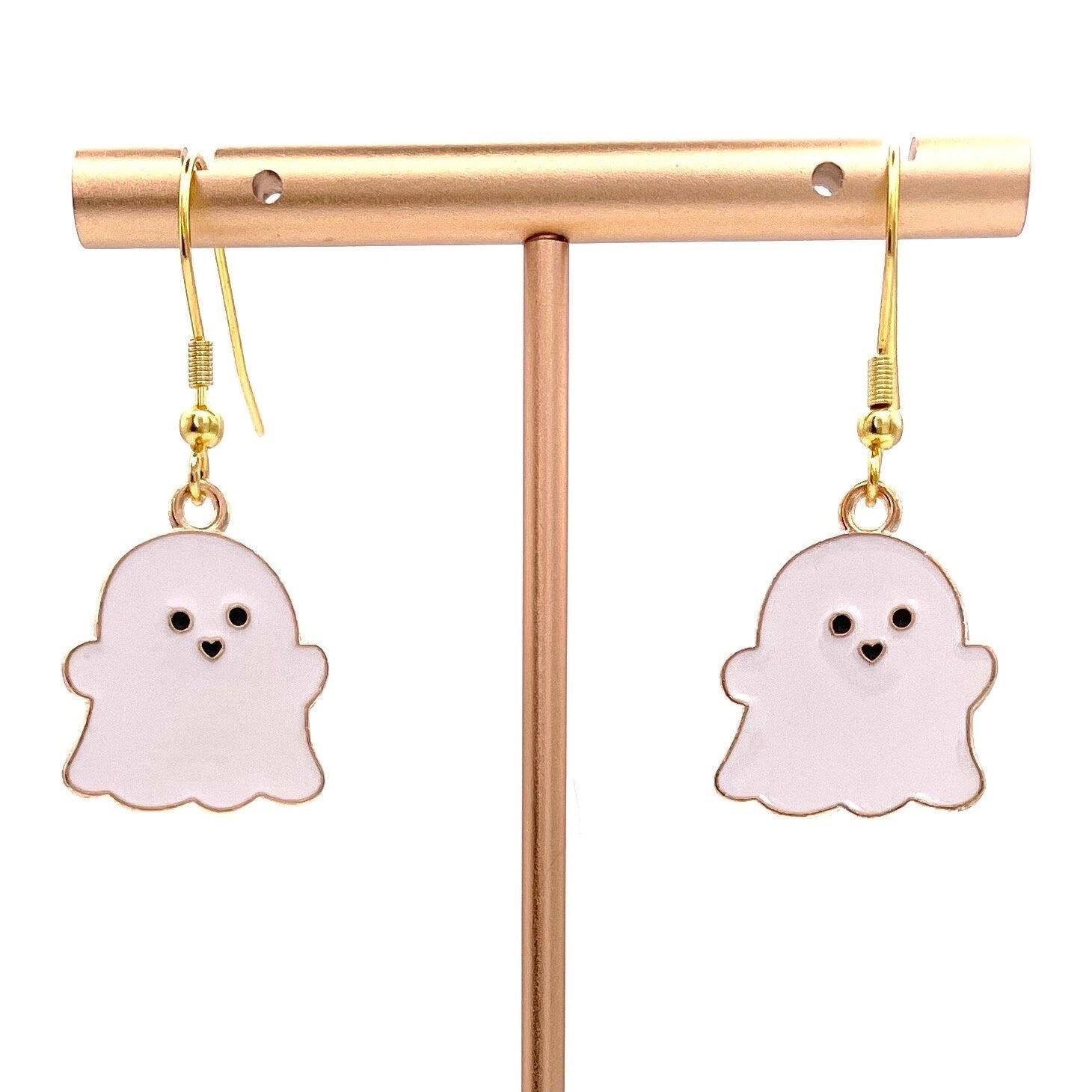 Adorable Halloween Ghost Earrings Made with Gold Finished Stainless Steel Earring Hooks