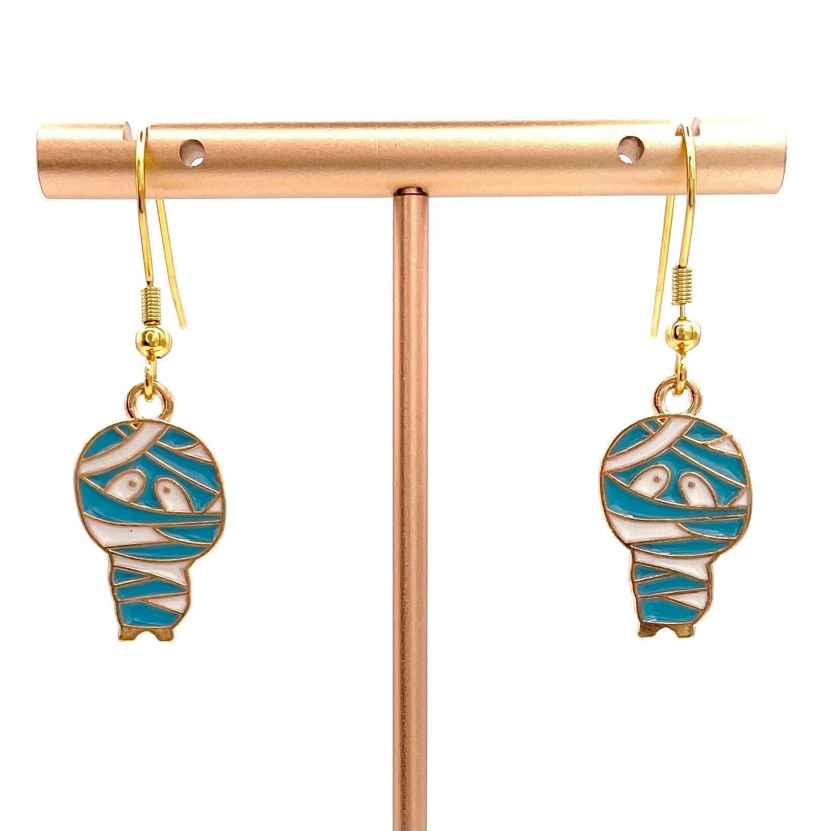 Halloween Mummy Earrings Made with Gold Finished Stainless Steel Earring Hooks