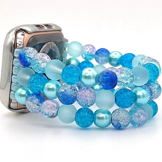 Blue Watch Band Compatible with Apple Watch with Glass Beads and Imitation Pearls, Custom Sizing!