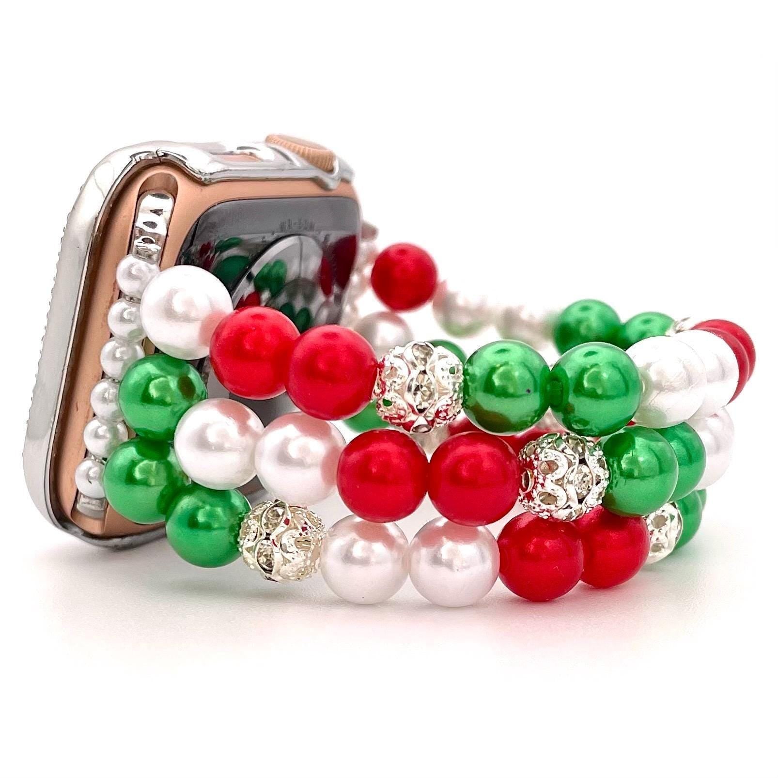 Christmas Watch Band Compatible with Apple Watch Made with Imitation Pearl and Rhinestone Beads