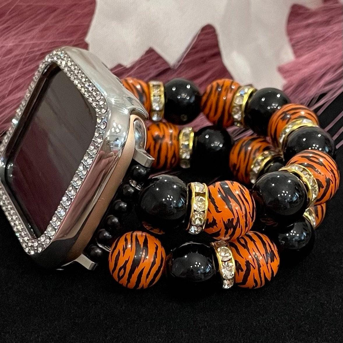 Tiger Watch Band Compatible with Apple Watch Made with Printed Tiger Beads and Black Imitation Pearls