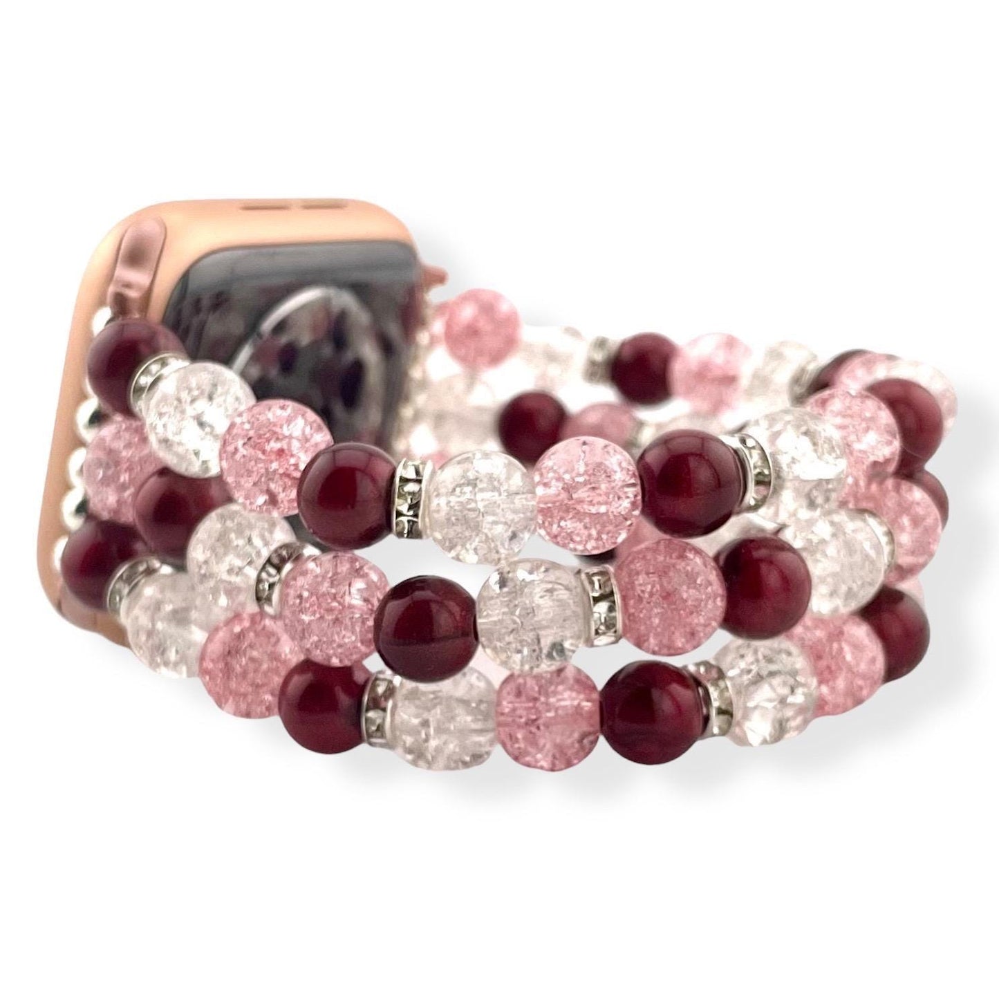 Pink Burgundy and White Watch Band Compatible with Apple Watch with Crackle Glass Crystal Beads and Acrylic Beads