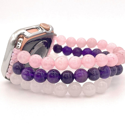 Rose Quartz, Amethyst, and White Jade Beaded Watch Band Compatible with Apple Watch.