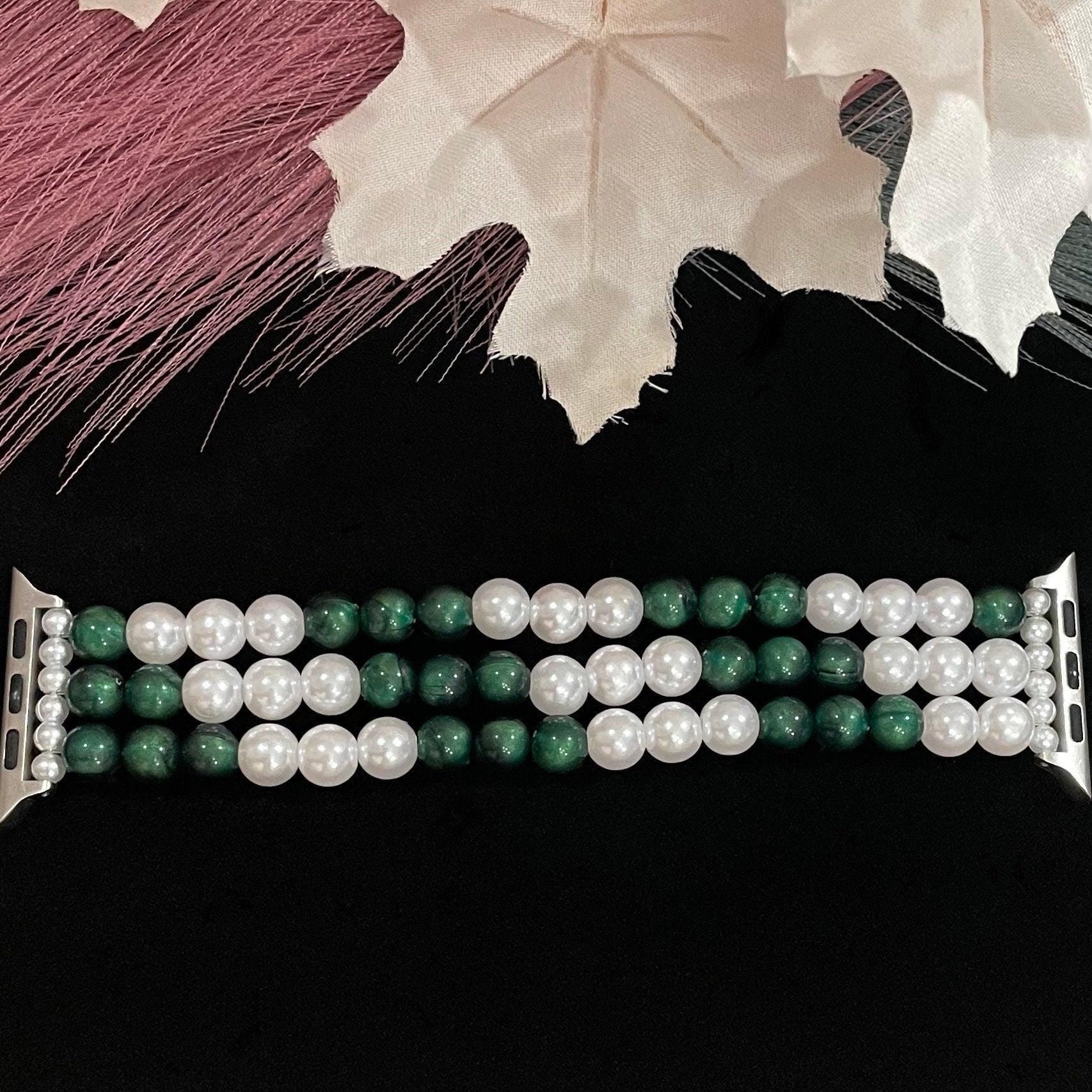 Green and White Watch Band Compatible with Apple Watch Made with Acrylic and Imitation Pearl Beads