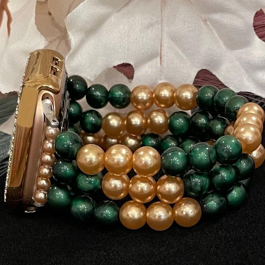 Green and Gold Watch Band Compatible with Apple Watch Made with Acrylic and Imitation Pearl Beads