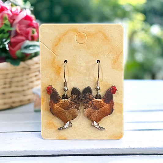 Dangle Earrings Made with Hypoallergenic Stainless Steel Earring Hooks. Poultry, Chickens.