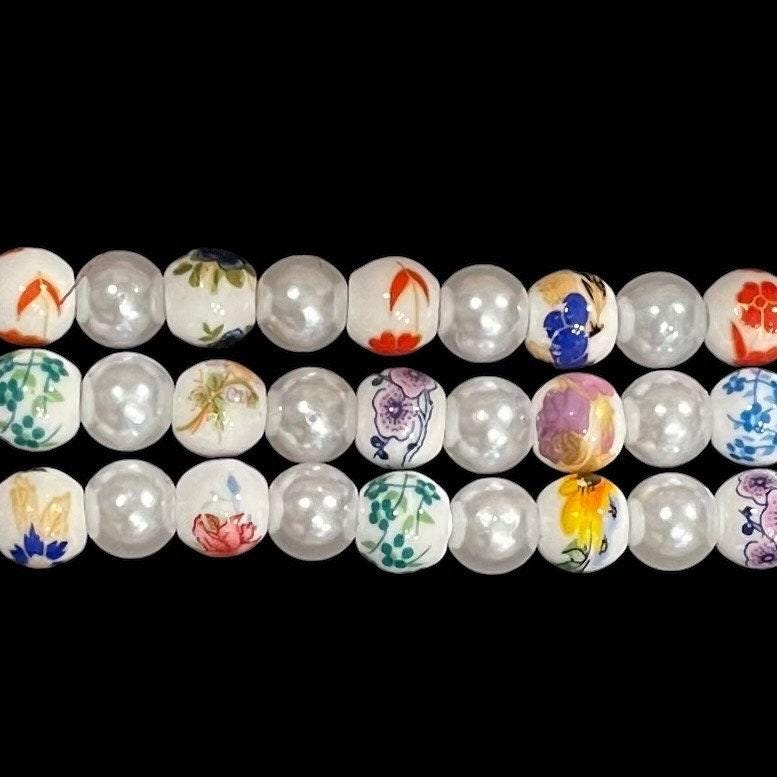 Floral Watch Band Compatible with Apple Watch with Porcelain Flower and Imitation Pearl Beads