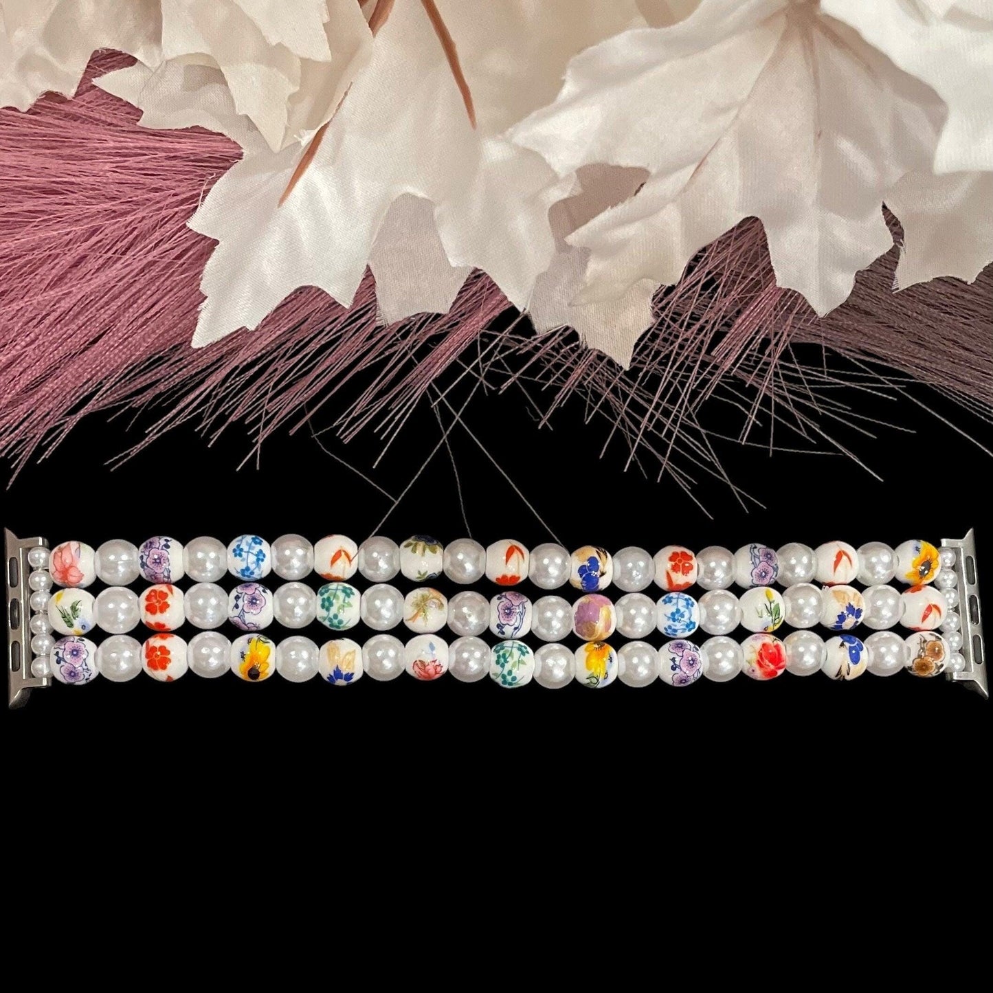 Floral Watch Band Compatible with Apple Watch with Porcelain Flower and Imitation Pearl Beads
