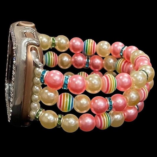 Spring/Summer Pasel Watch Band Compatible with Apple Watch Made with Acrylic, Imitation Pearl, and Rhinestone Beads
