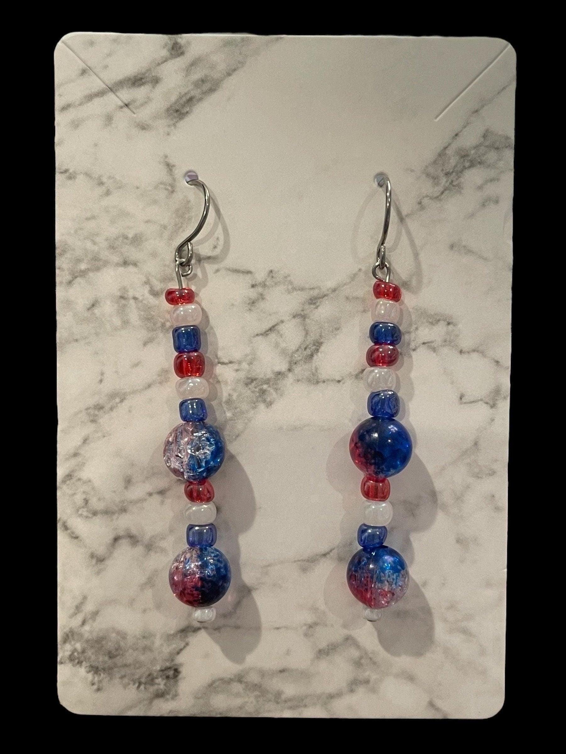 Patriotic Dangle Earrings Made with Hypoallergenic Stainless Steel, Acrylic and Glass Beads