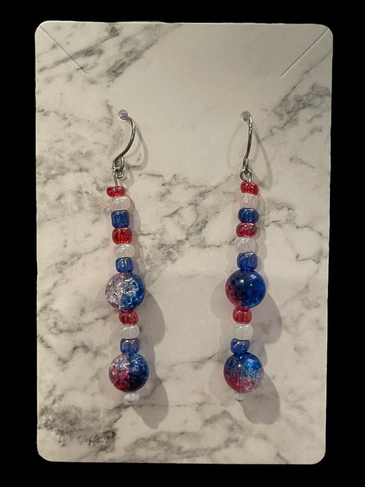 Patriotic Dangle Earrings Made with Hypoallergenic Stainless Steel, Acrylic and Glass Beads