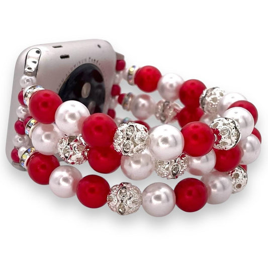 Custom-Sized Red and White Beaded Apple Watch Band - Pearl and Silver Stretch Bracelet Style - Perfect for Holidays or Valentine’s Day