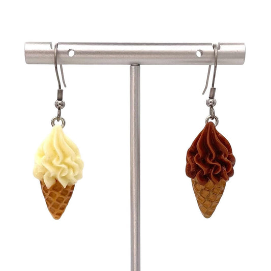 Ice Cream Cone Earrings with Hypoallergenic Stainless Steel Hooks – Vanilla and Chocolate Swirl Dangle Earrings – Cute Summer Food Jewelry