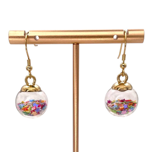 Colorful Star Confetti Globe Earrings – Fun and Whimsical Dangle Earrings with Golden Accents – Cute Party Jewelry Gift