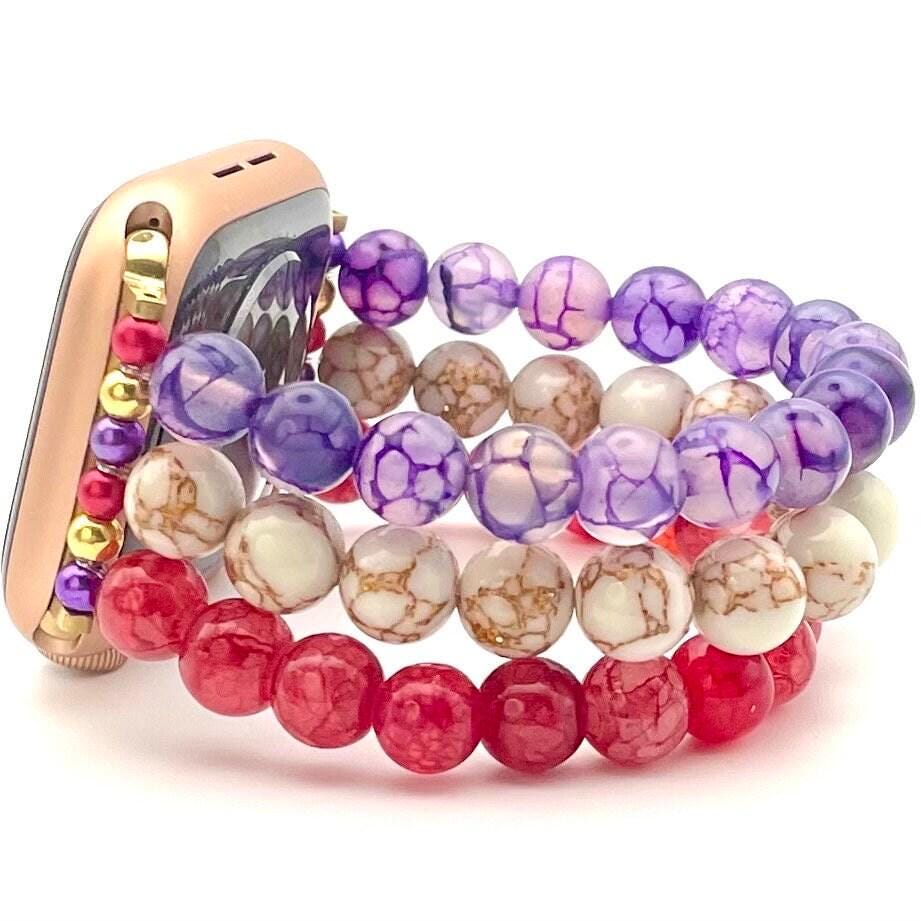 Custom Purple and Red Dragon Veined Stone Agate, with White Gold Veined Howlite Beaded Watch Band Compatible with Apple Watch