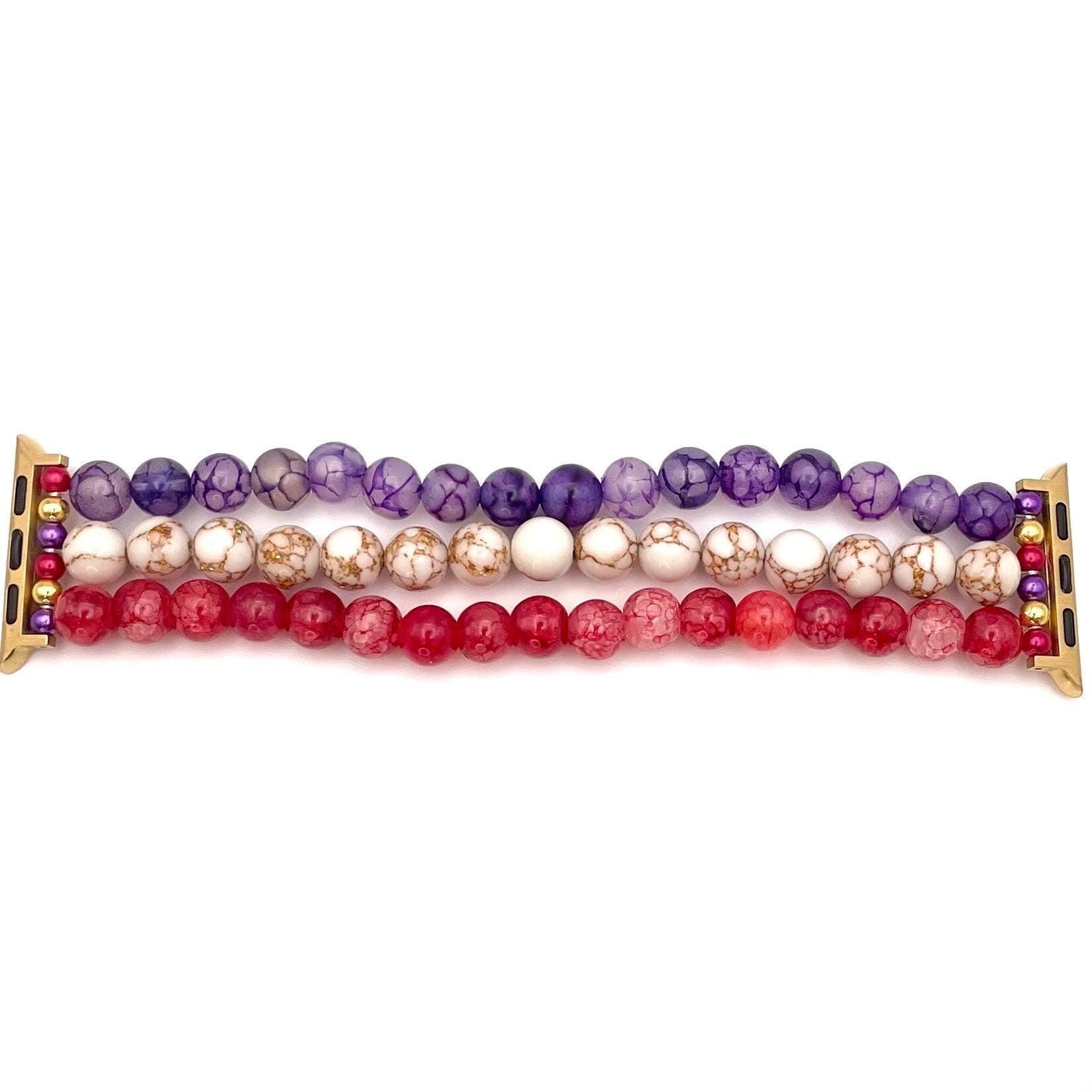 Custom Purple and Red Dragon Veined Stone Agate, with White Gold Veined Howlite Beaded Watch Band Compatible with Apple Watch