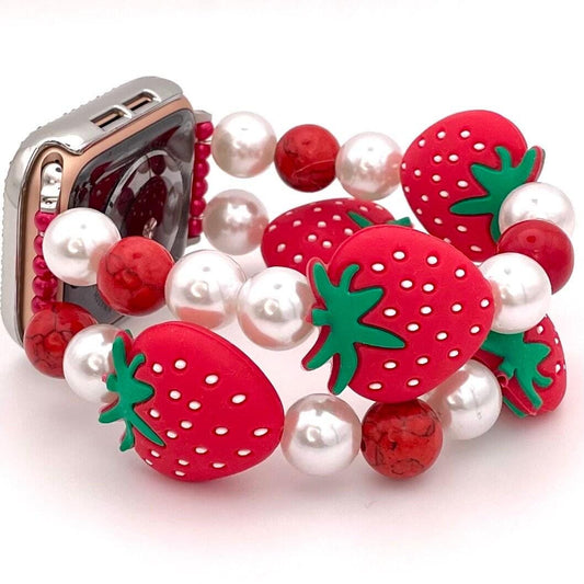 Summer Strawberry Beaded Watch Band Compatible with Apple Watch Made with Red and White Chunky Silicone and Acrylic Beads