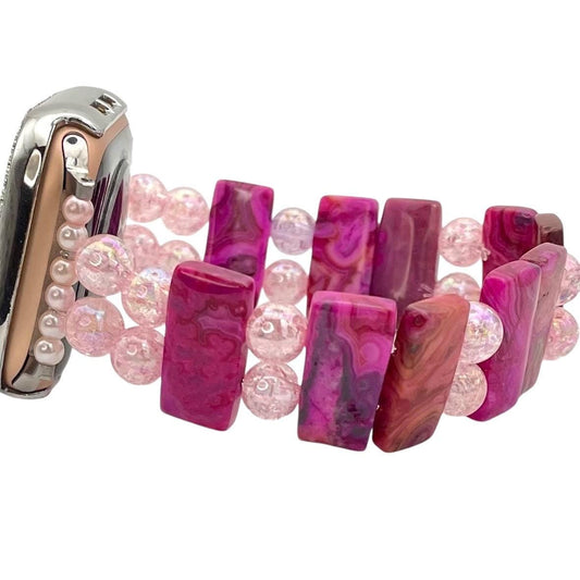 Custom Handmade Pink Stone Beaded Apple Watch Band Compatible with Apple Watch with Stone and Acrylic Beads