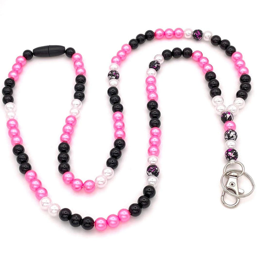 Lanyard Pink Black and White Beaded Breakaway Work/Teacher Lanyard, ID Badge Key Holder