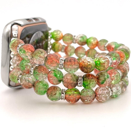 Fall Orange and Green Crackle Watch Band Compatible with Apple Watch Made with Crackle Acrylic and Rhinestone Beads