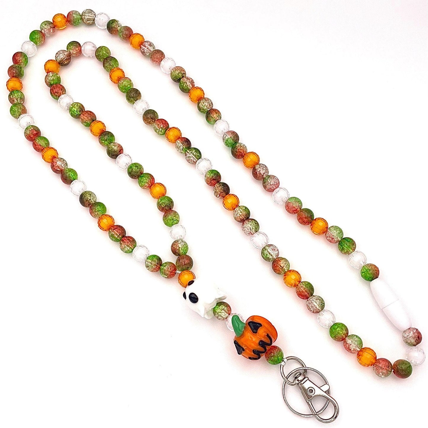 Fall Pumpkins and Ghosts Halloween Beaded Breakaway Work/Teacher Lanyard with Lobster Clasp and Keyring, ID Badge Key Holder