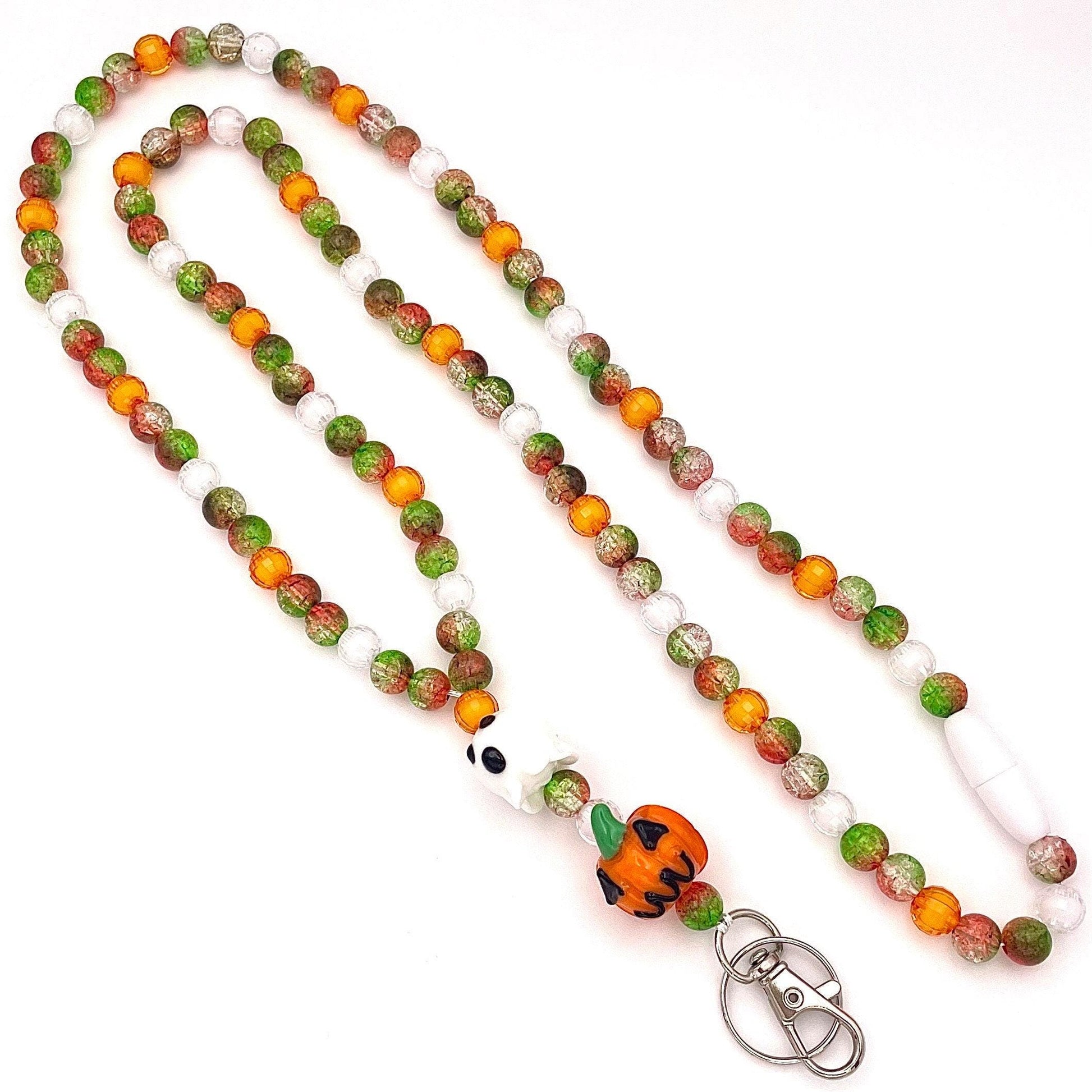 Fall Pumpkins and Ghosts Halloween Beaded Breakaway Work/Teacher Lanyard with Lobster Clasp and Keyring, ID Badge Key Holder