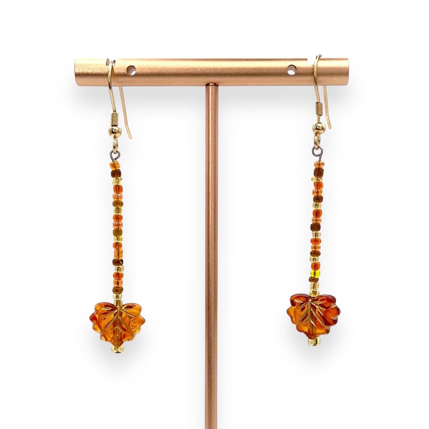 Autumn Leaf Dangle Earrings with Festive Leaf and Glass Seed Beads | Handmade Fall Jewelry
