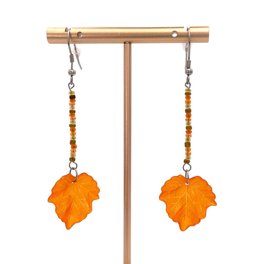 Fall Leaf Dangle Earrings with Stainless Steel Hooks – Orange Autumn Leaf Beaded Earrings, Lightweight and Hypoallergenic