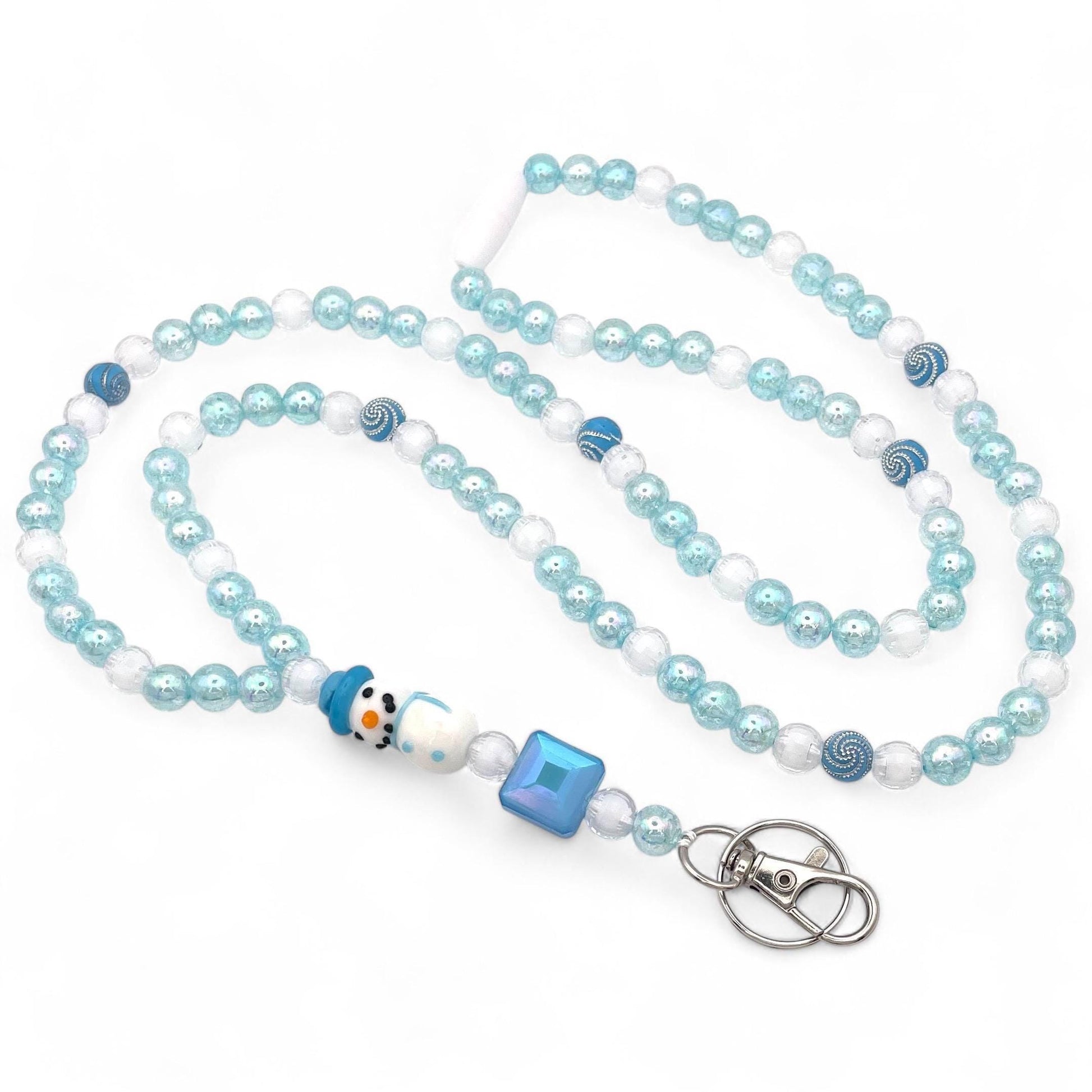 Winter Snowman Beaded Breakaway Lanyard – Handmade ID Badge Holder with Blue and White Beads