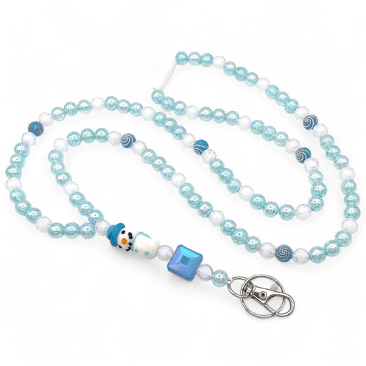Winter Snowman Beaded Breakaway Lanyard – Handmade ID Badge Holder with Blue and White Beads