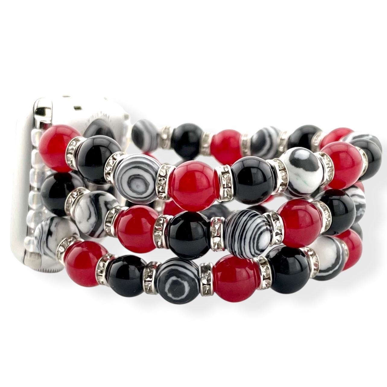 Red, Black & White Beaded Apple Watch Band – Onyx, Malachite, Glass – Stretch Bracelet Style
