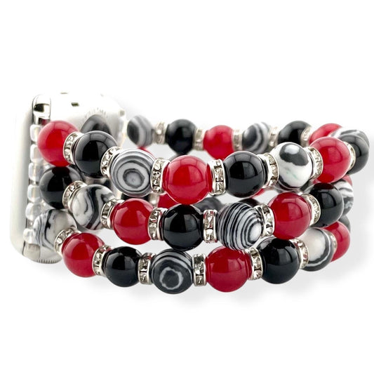 Red, Black & White Beaded Apple Watch Band – Onyx, Malachite, Glass – Stretch Bracelet Style