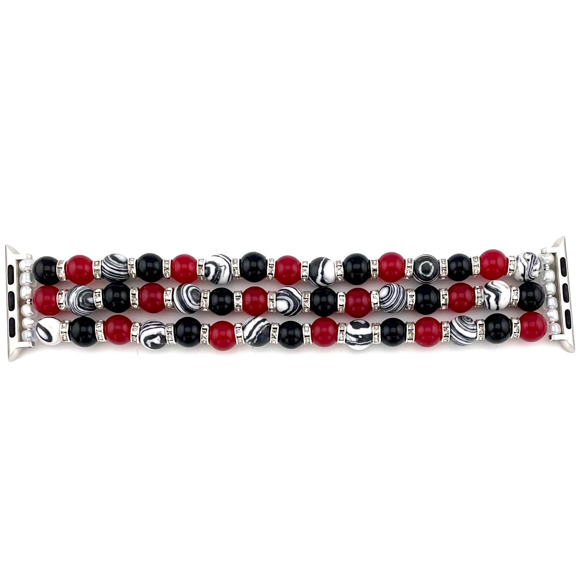 Red, Black & White Beaded Apple Watch Band – Onyx, Malachite, Glass – Stretch Bracelet Style