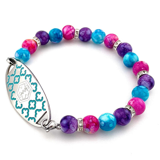 Caribbean-Themed Medical ID Bracelet – Pink, Purple & Teal Beaded Stretch Bracelet (Bracelet Only)