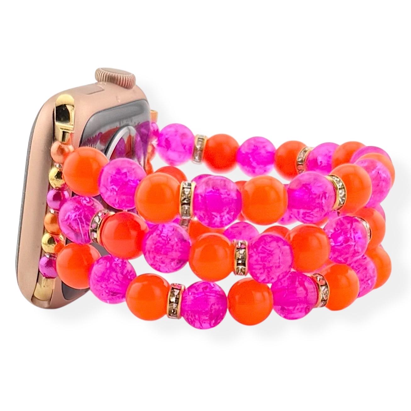 Neon Pink & Orange Beaded Watch Band | Stretch Bracelet Style Apple Watch Band | Handmade Samsung Galaxy Watch Strap | Colorful Jewelry Band
