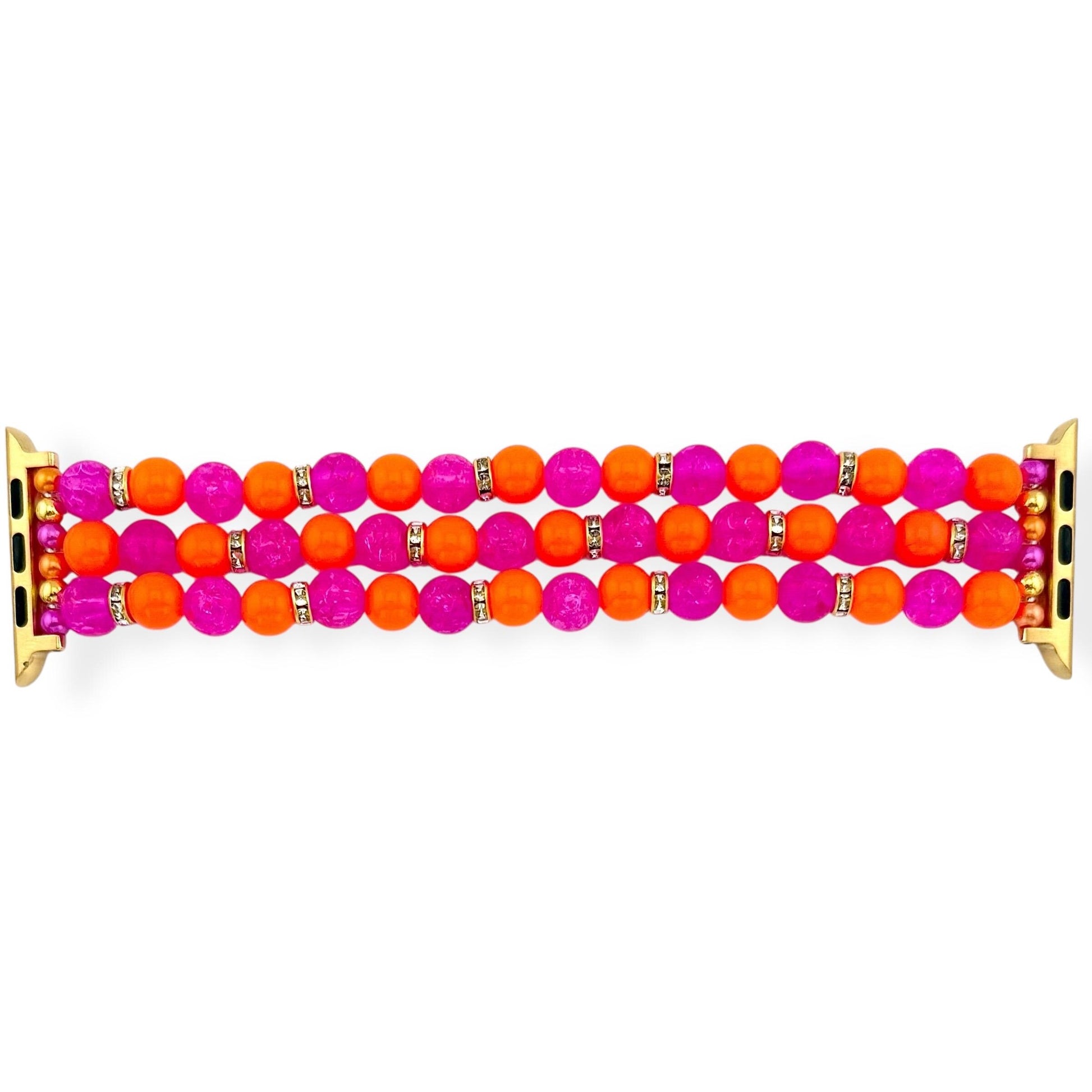 Neon Pink & Orange Beaded Watch Band | Stretch Bracelet Style Apple Watch Band | Handmade Samsung Galaxy Watch Strap | Colorful Jewelry Band
